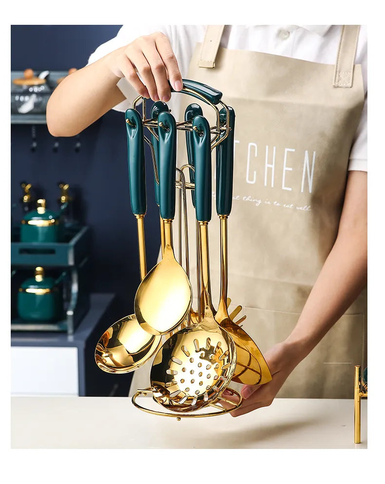 7 piece Luxe gold and emerald utensil set